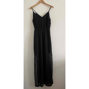 Divided H&M Womens Black Spaghetti Straps V-neck Sheer Overlay Maxi Dress